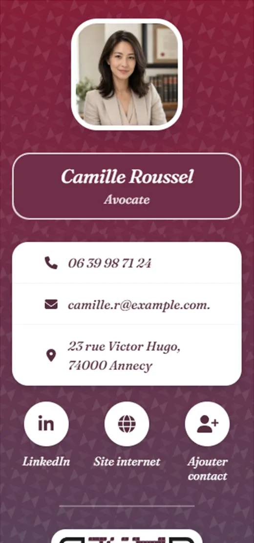 Carte de visite virtuelle de Camille Roussel, avocate