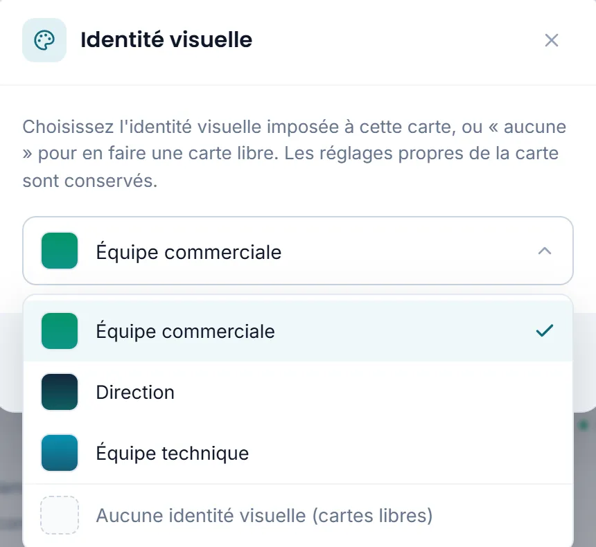 Dialog Identité visuelle : choix entre Équipe commerciale, Direction, Équipe technique ou aucune identité