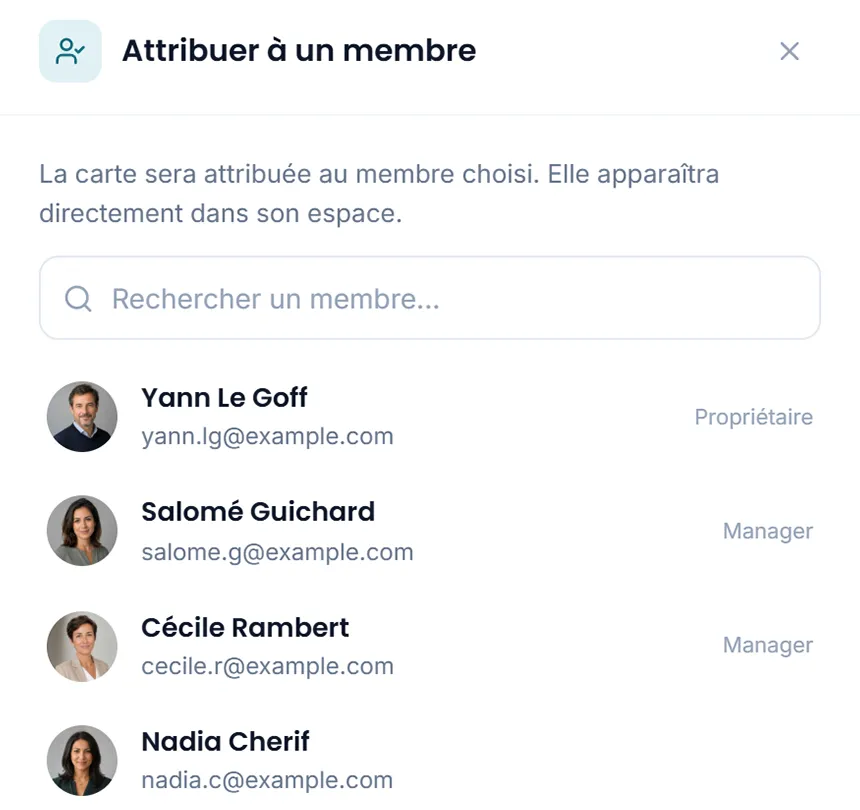 Dialog Attribuer à un membre : la carte libérée se réattribue à une personne de l'équipe, choisie dans la liste