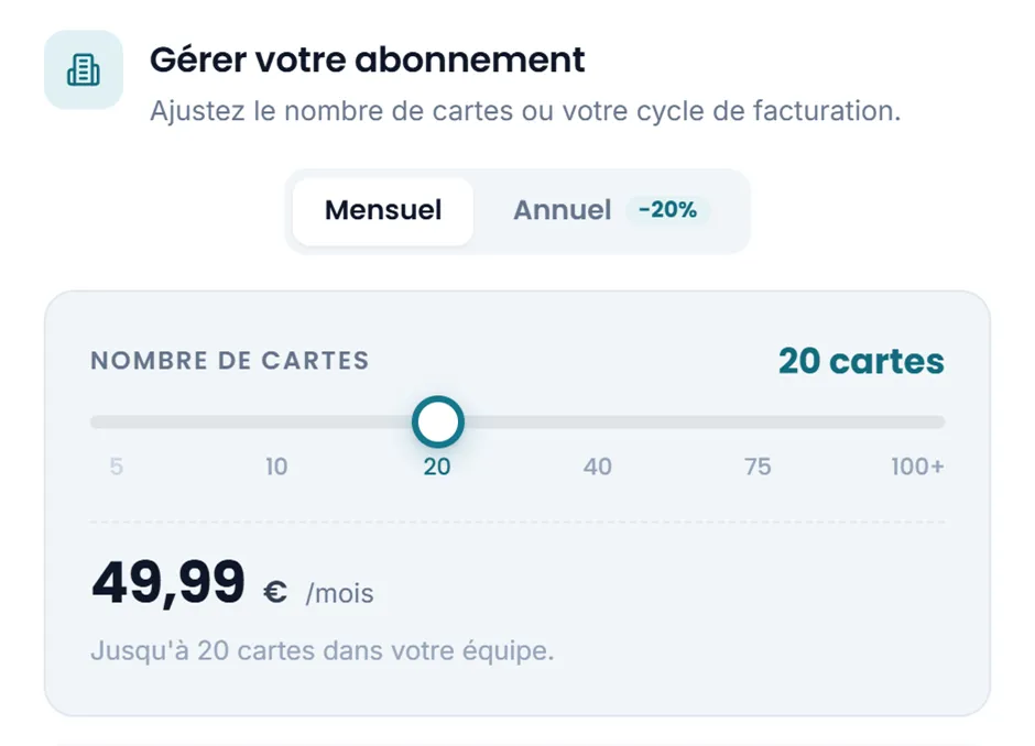Dialog Gérer votre abonnement : bascule mensuel ou annuel et curseur du nombre de cartes, de 5 à plus de 100