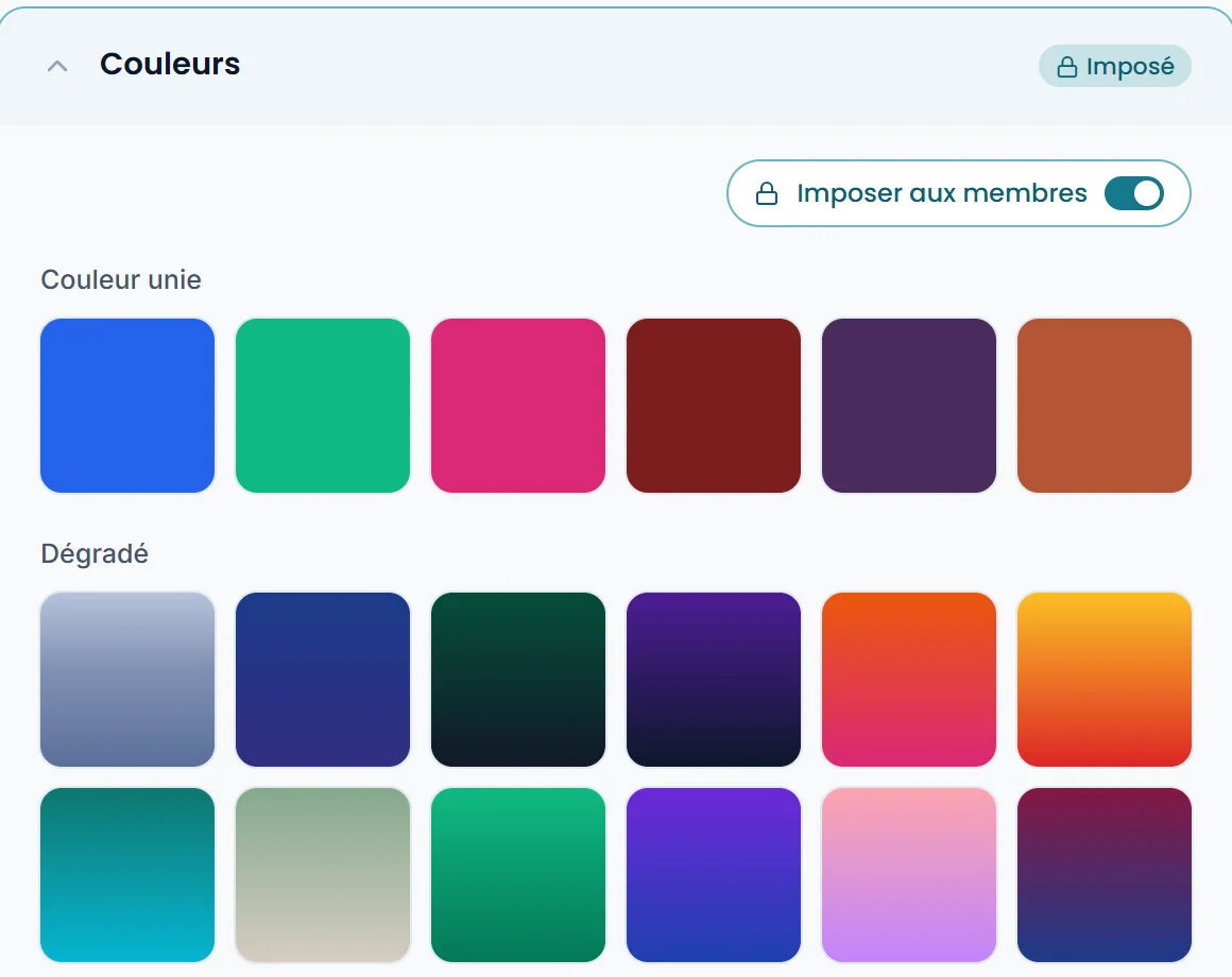 Éditeur d'identité visuelle : bloc Couleurs avec l'interrupteur Imposer aux membres activé
