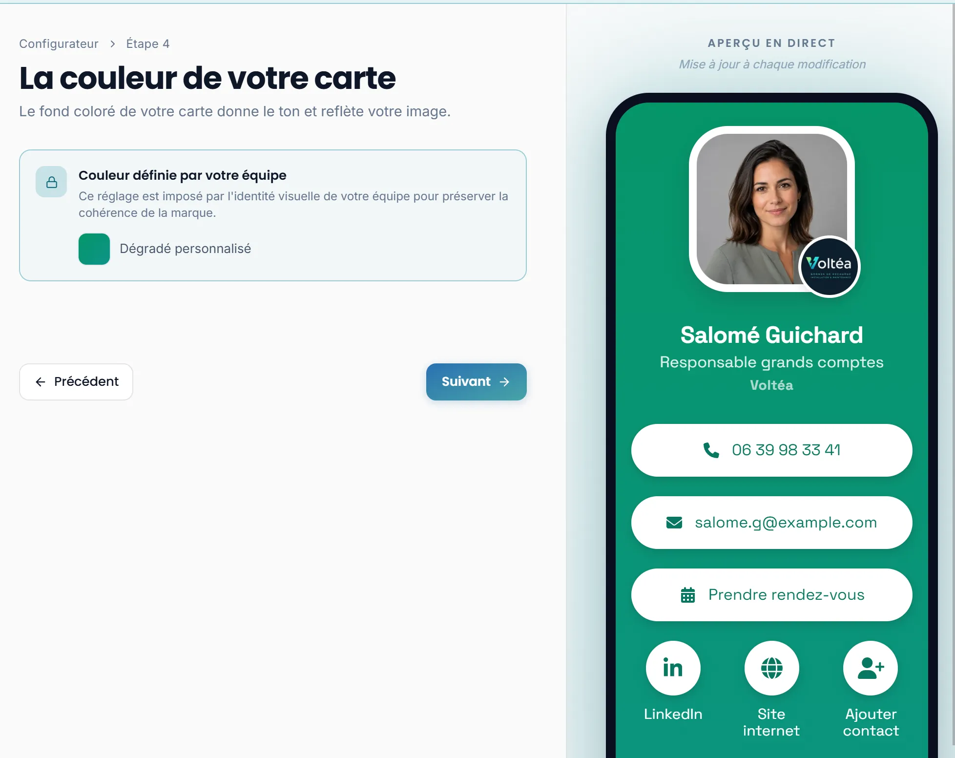 Configurateur d'un membre de l'équipe : la couleur est définie par l'identité visuelle, en lecture seule, avec l'aperçu de sa carte
