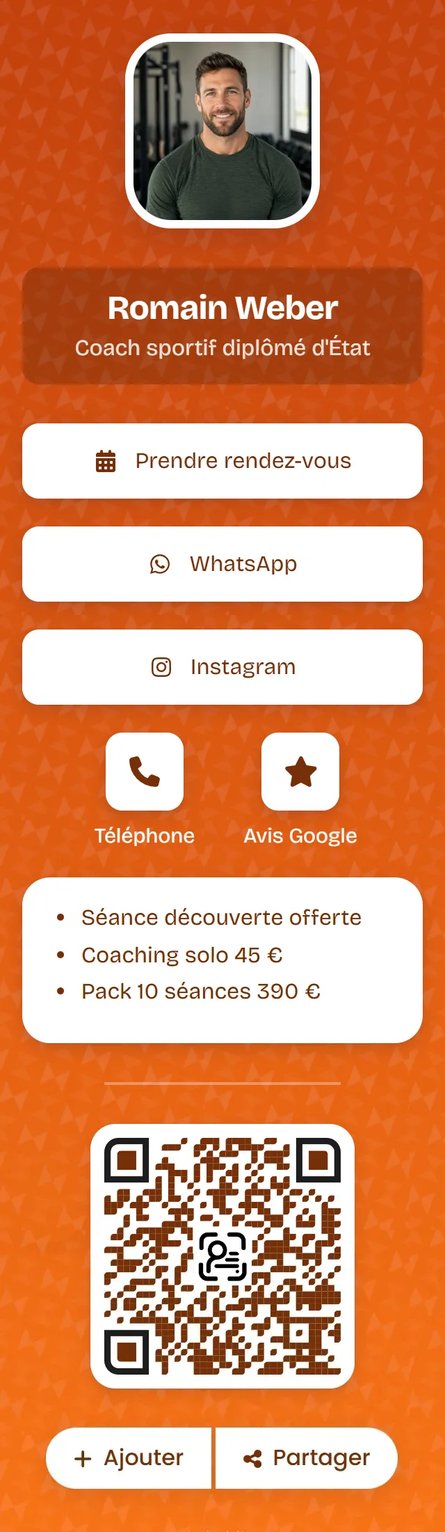 Carte de visite virtuelle créée avec le configurateur : Romain Weber, coach sportif