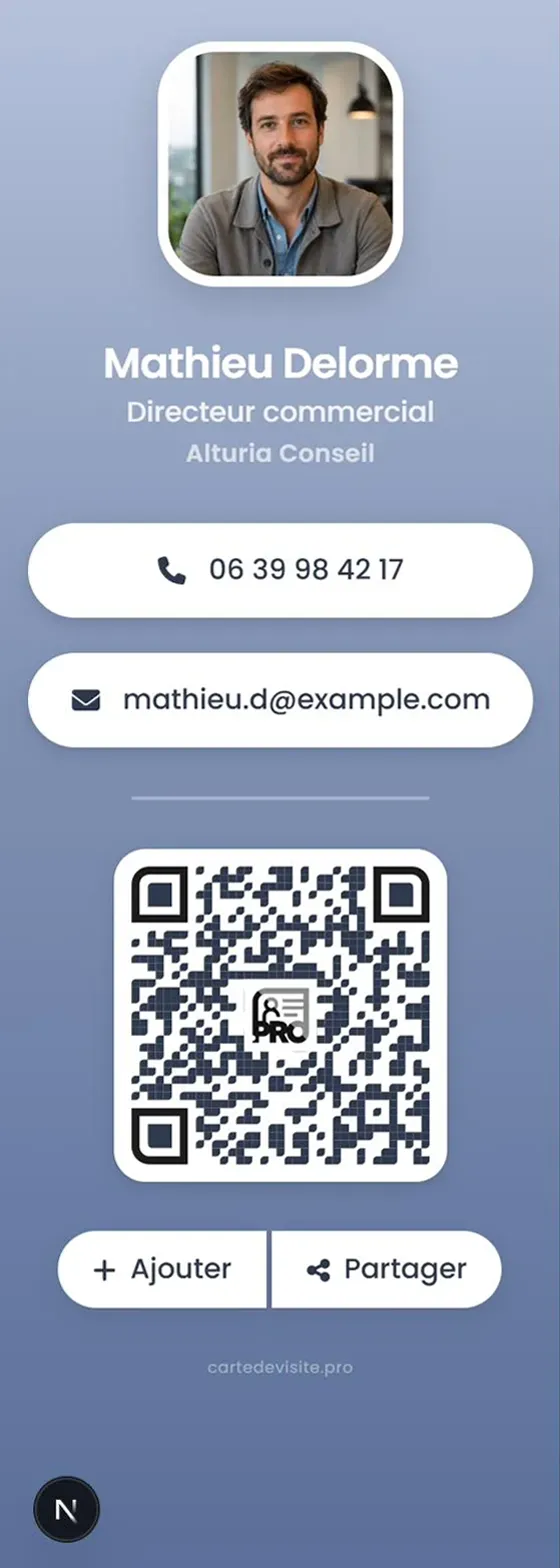 Carte de visite numérique gratuite Starter : identité, deux boutons de contact et QR code