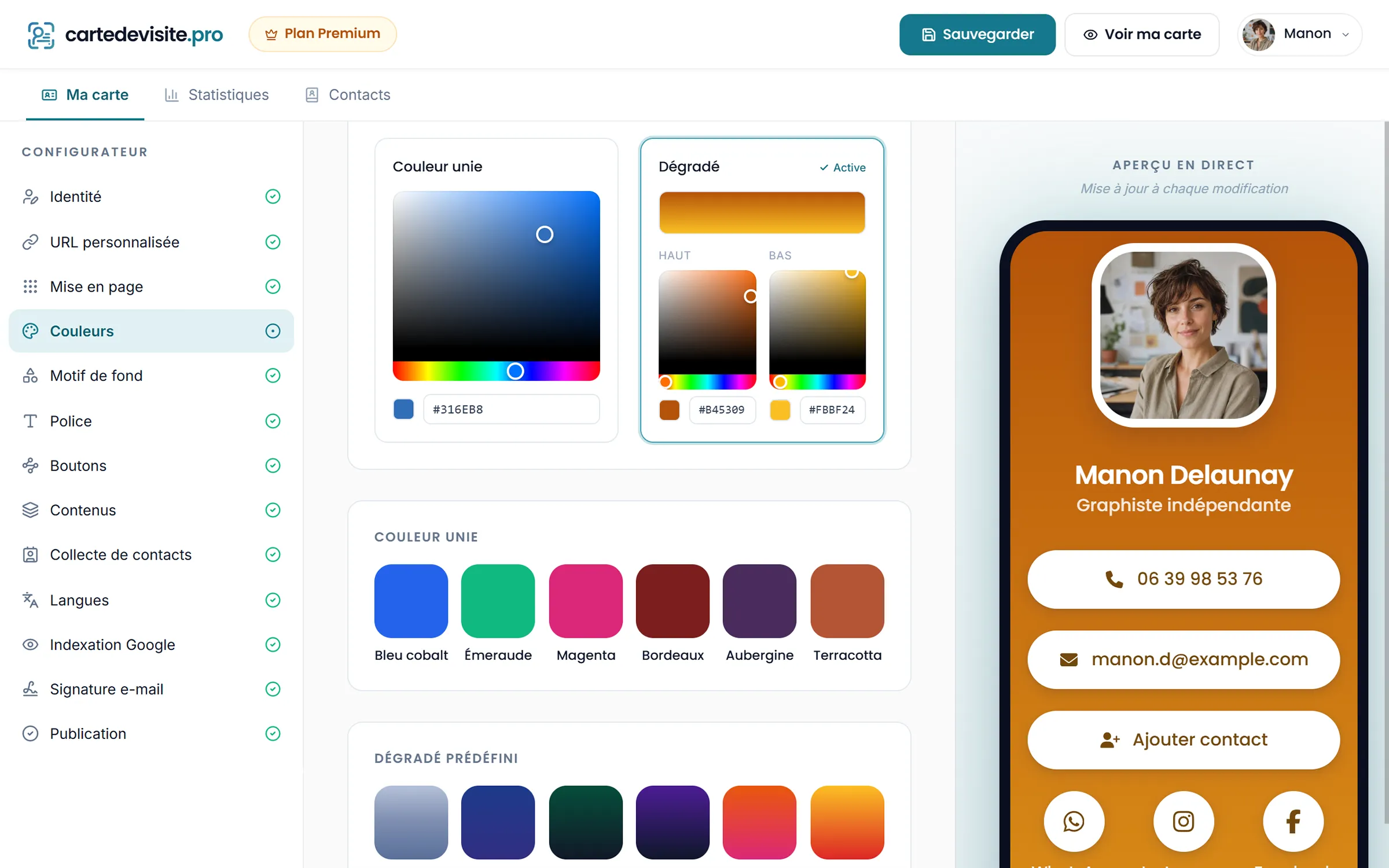 Le configurateur CarteDeVisite.Pro : color picker libre avec dégradé personnalisé à gauche, aperçu en direct de la carte de Manon Delaunay, graphiste indépendante, à droite