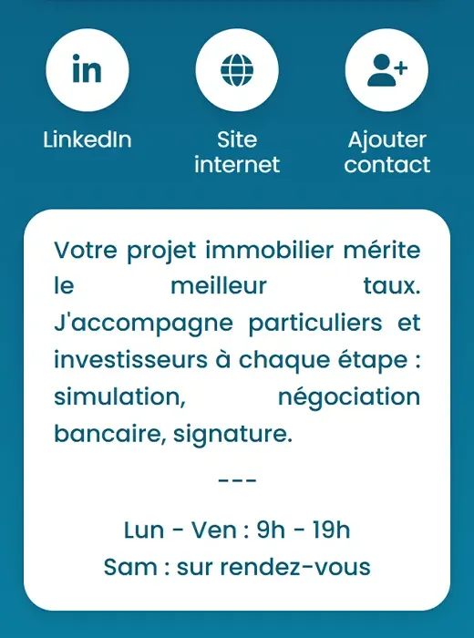 La carte de Karim Benali en français : boutons Site internet et Ajouter contact, texte de présentation du courtier et horaires
