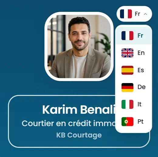 Le sélecteur de langue déployé sur la carte de Karim Benali : français actif et cinq autres langues avec leurs drapeaux