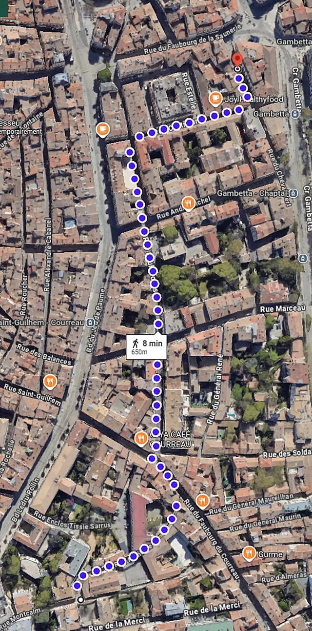 Itinéraire piéton dans Google Maps vers le cabinet : trajet en pointillés, 8 minutes à pied