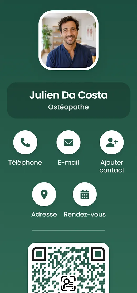 La carte de visite virtuelle de Julien Da Costa, ostéopathe : boutons Téléphone, E-mail, Ajouter contact, Adresse et Rendez-vous