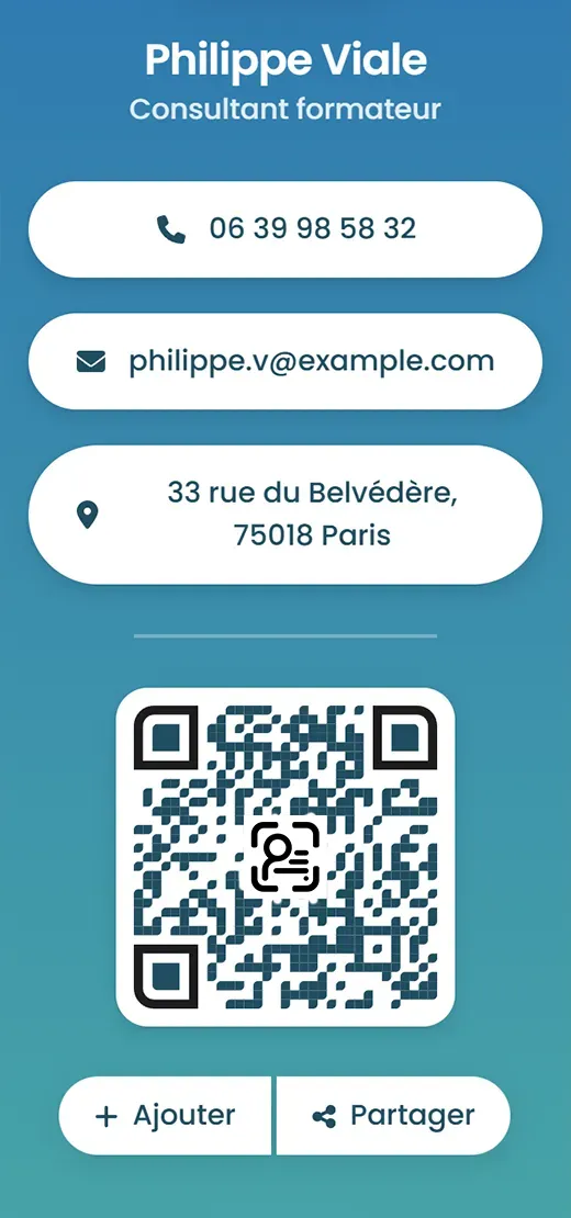 Le bas d'une carte de visite virtuelle : le QR code et le bouton Partager natif, entouré