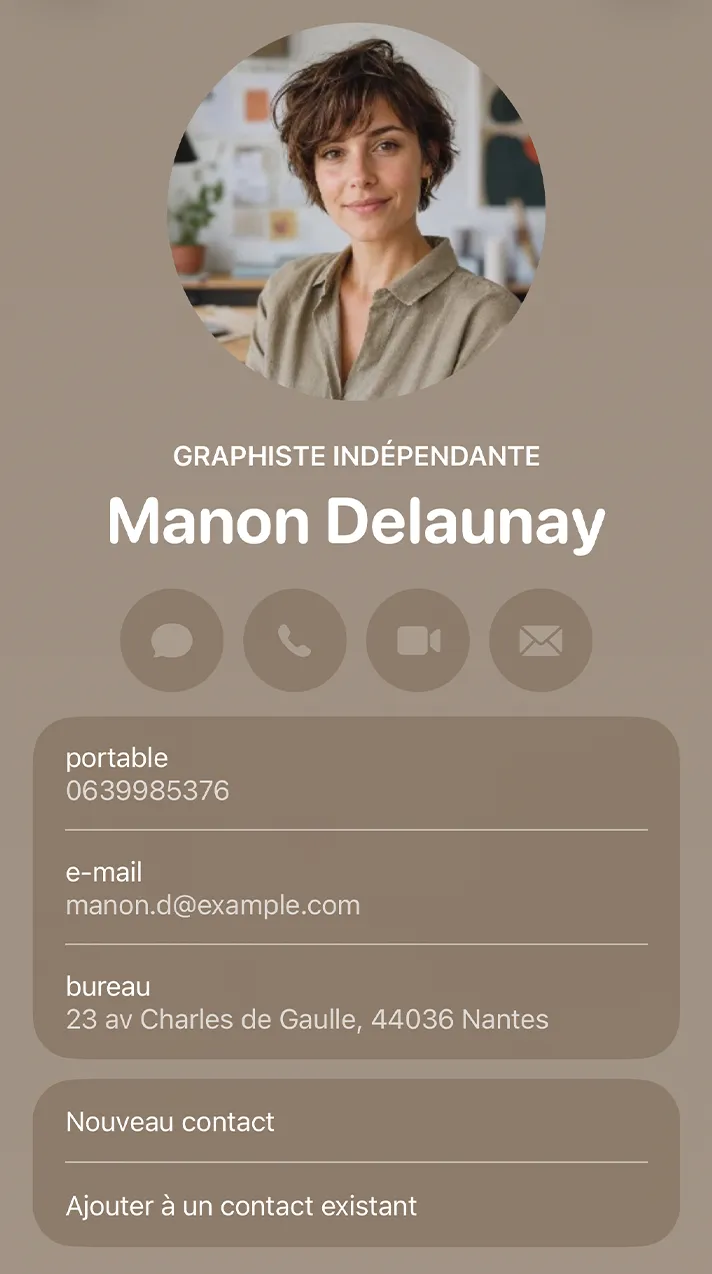 Fiche contact iOS pré-remplie avec la photo, le nom et les coordonnées de Manon Delaunay