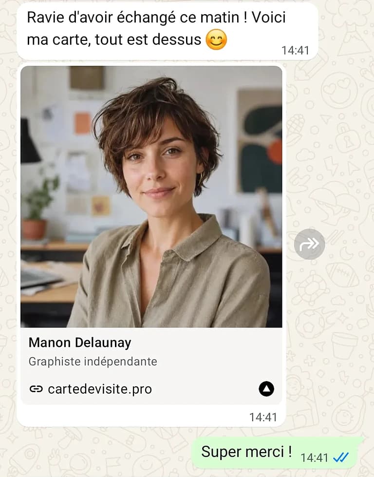 Conversation WhatsApp : l'aperçu du lien de la carte de Manon Delaunay affiche sa photo, son nom, sa fonction et l'adresse de sa carte