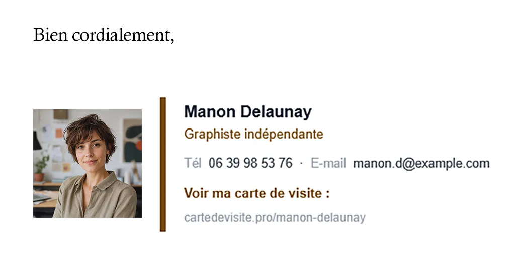 Signature e-mail de Manon Delaunay : photo, nom, fonction et lien vers sa carte