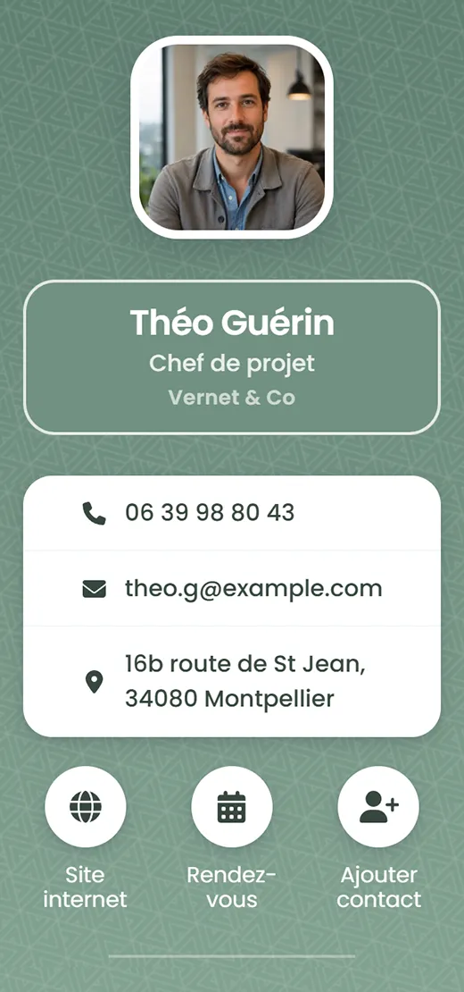 Carte de visite virtuelle de Théo Guérin, chef de projet chez Vernet & Co, même template sauge