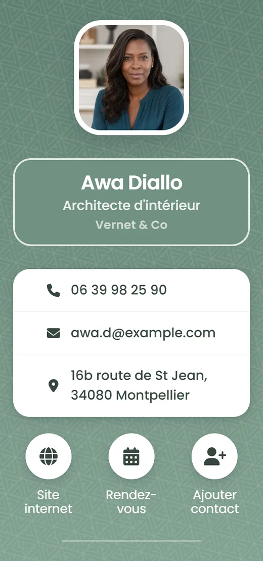 Carte de visite virtuelle d'Awa Diallo, architecte d'intérieur chez Vernet & Co, même template sauge