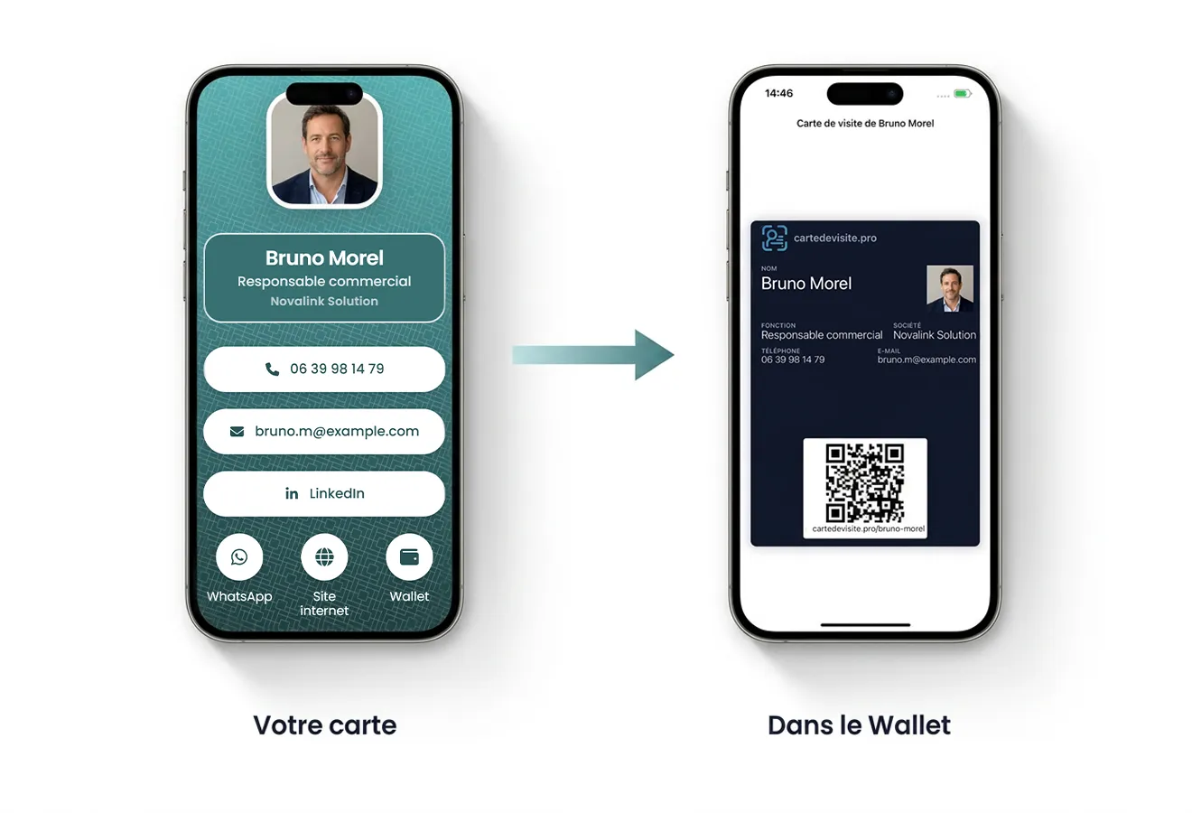 Une carte de visite virtuelle et le passe correspondant ajouté dans Apple Wallet sur iPhone